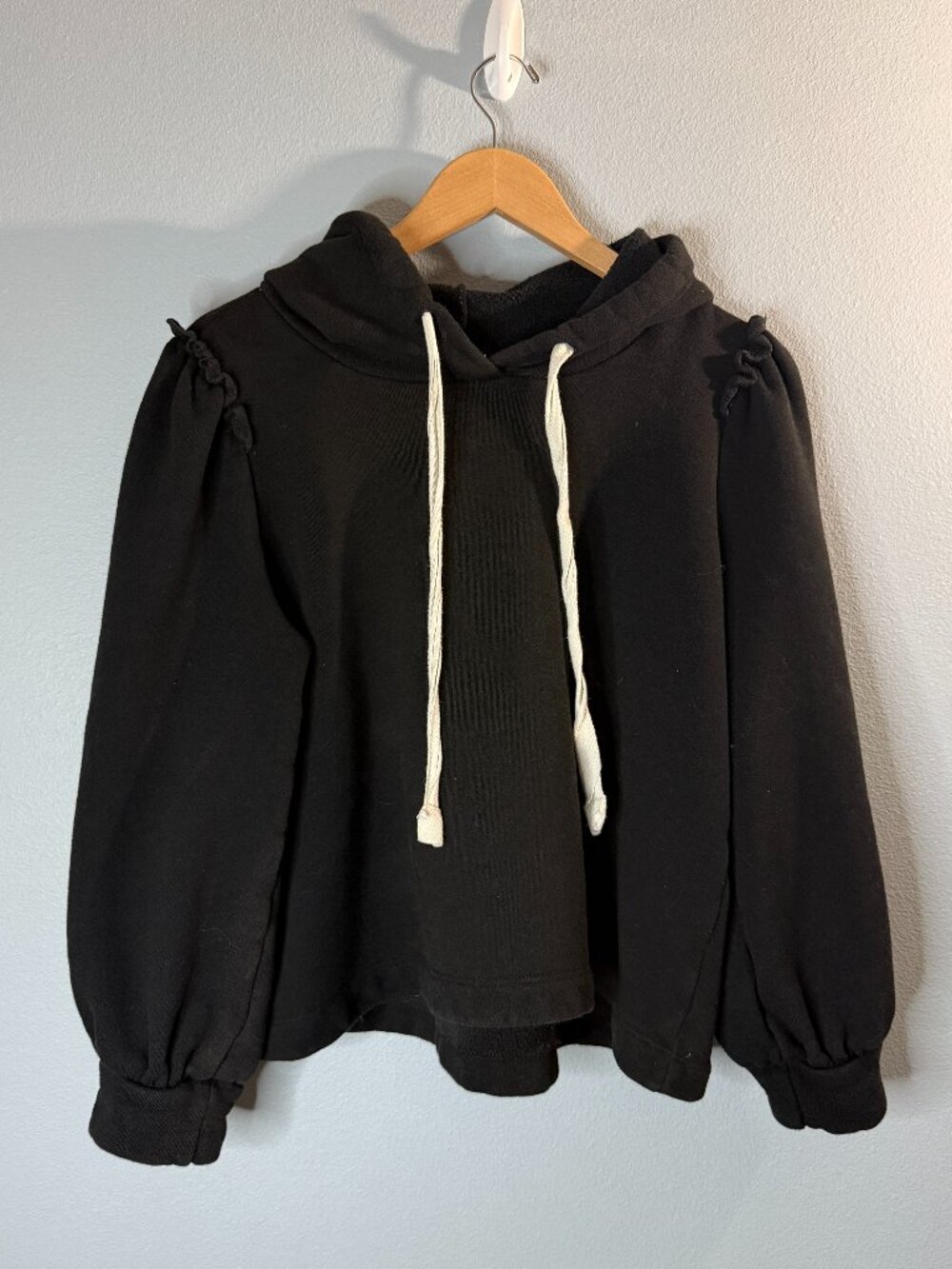 G. Label by Goop Black Puff Sleeve Hoodie Cropped Cotton Sweatshirt Size L